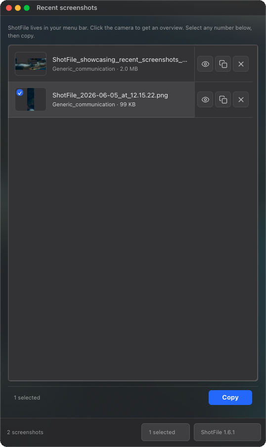 ShotFile recent screenshots panel