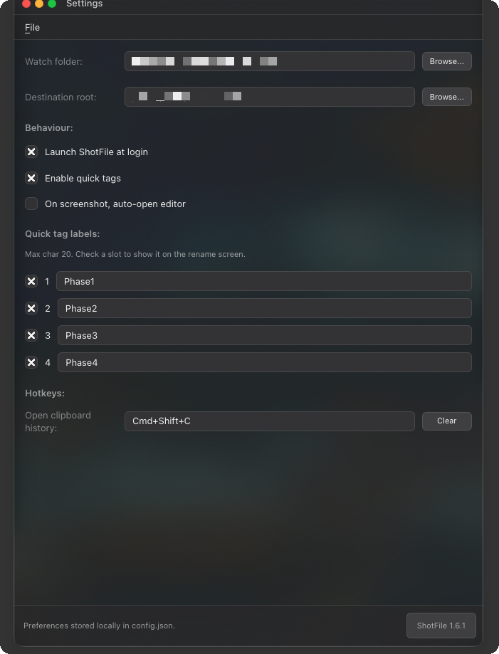 ShotFile settings window